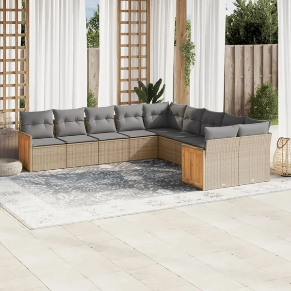 Salon de jardin avec coussins 10 pcs beige résine tressée