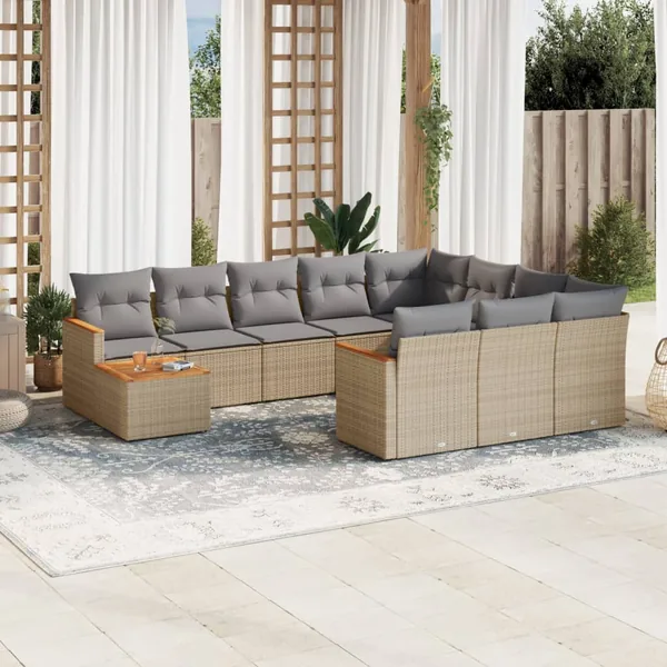 Salon de jardin 11 pcs avec coussins beige résine tressée