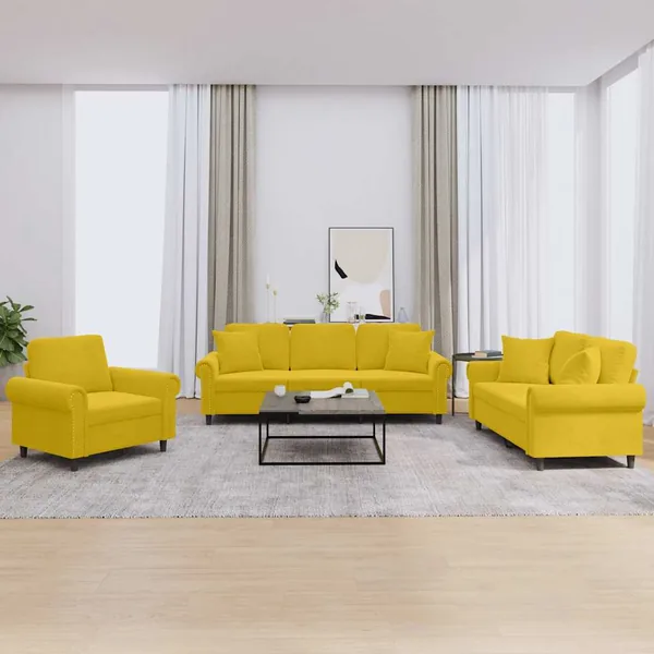 Ensemble de canapés 3 pcs avec coussins jaune velours