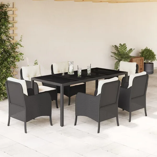 Ensemble à manger de jardin coussins 7pcs Noir Résine tressée