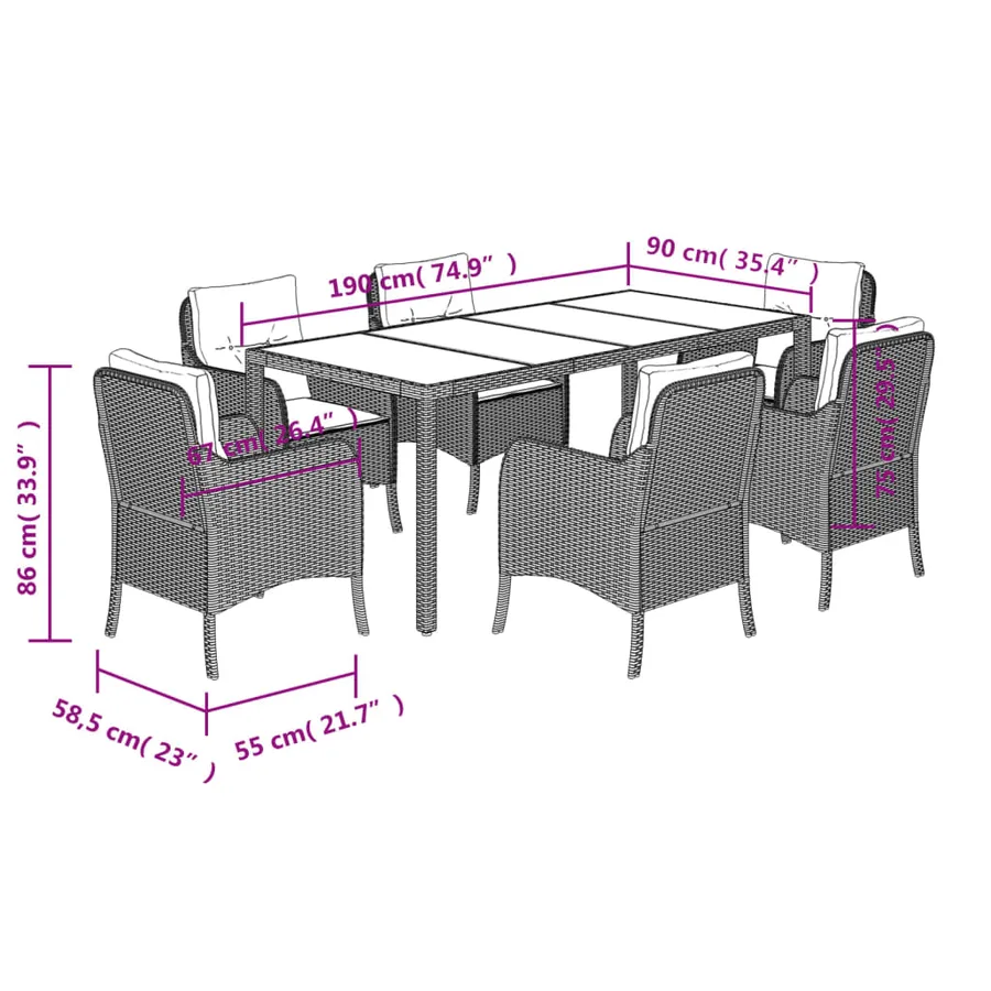 Ensemble à manger de jardin coussins 7pcs Noir Résine tressée - 7