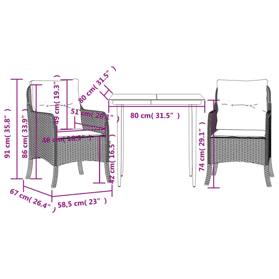 Ensemble à manger de jardin 3 pcs coussins gris résine tressée - 7