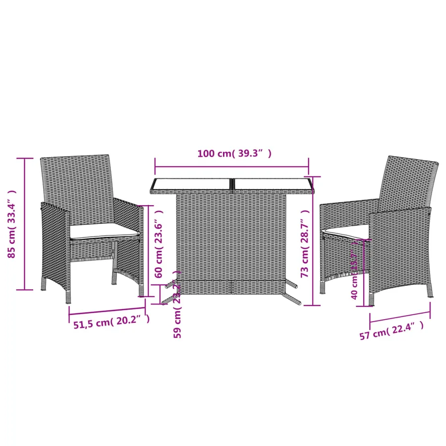 Ensemble de bistro 3 pcs avec coussins noir résine tressée - 14