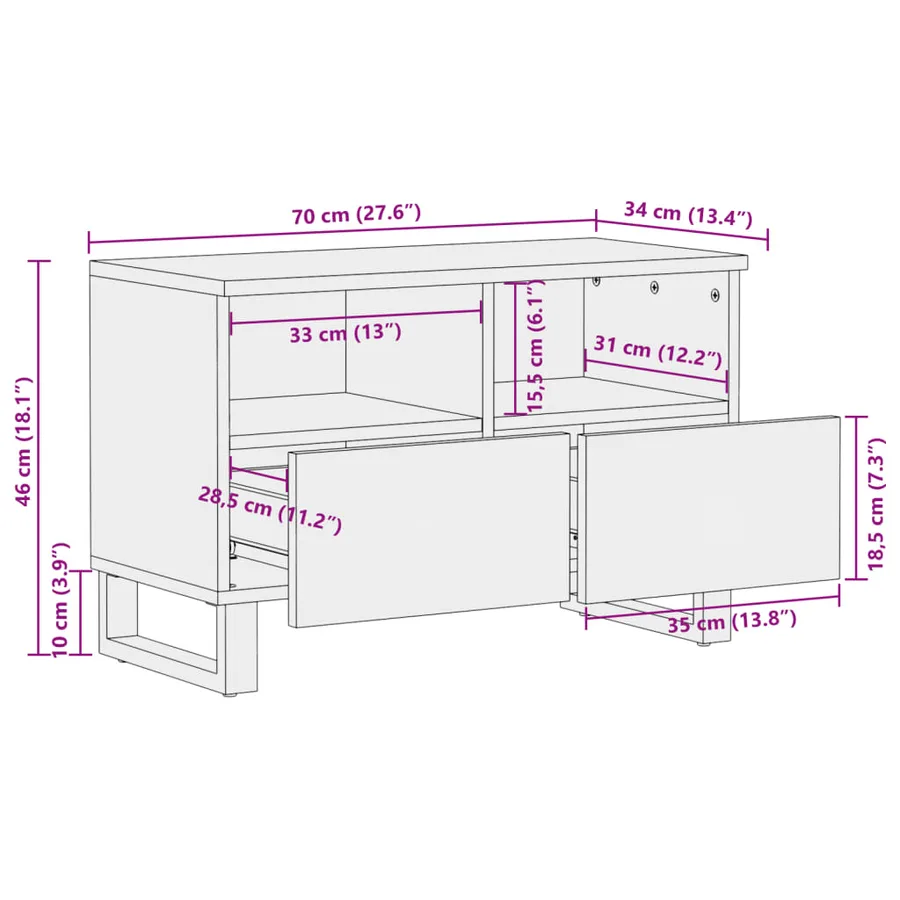 Meuble TV marron 70x34x46 cm bois massif de manguier - 11