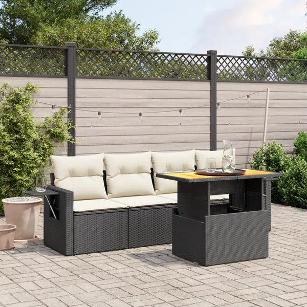 Salon de jardin 5 pcs avec coussins noir résine tressée
