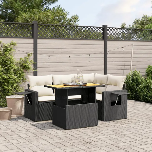 Salon de jardin 5 pcs avec coussins noir résine tressée