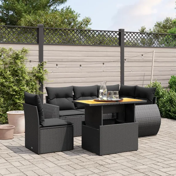 Salon de jardin 6 pcs avec coussins noir résine tressée