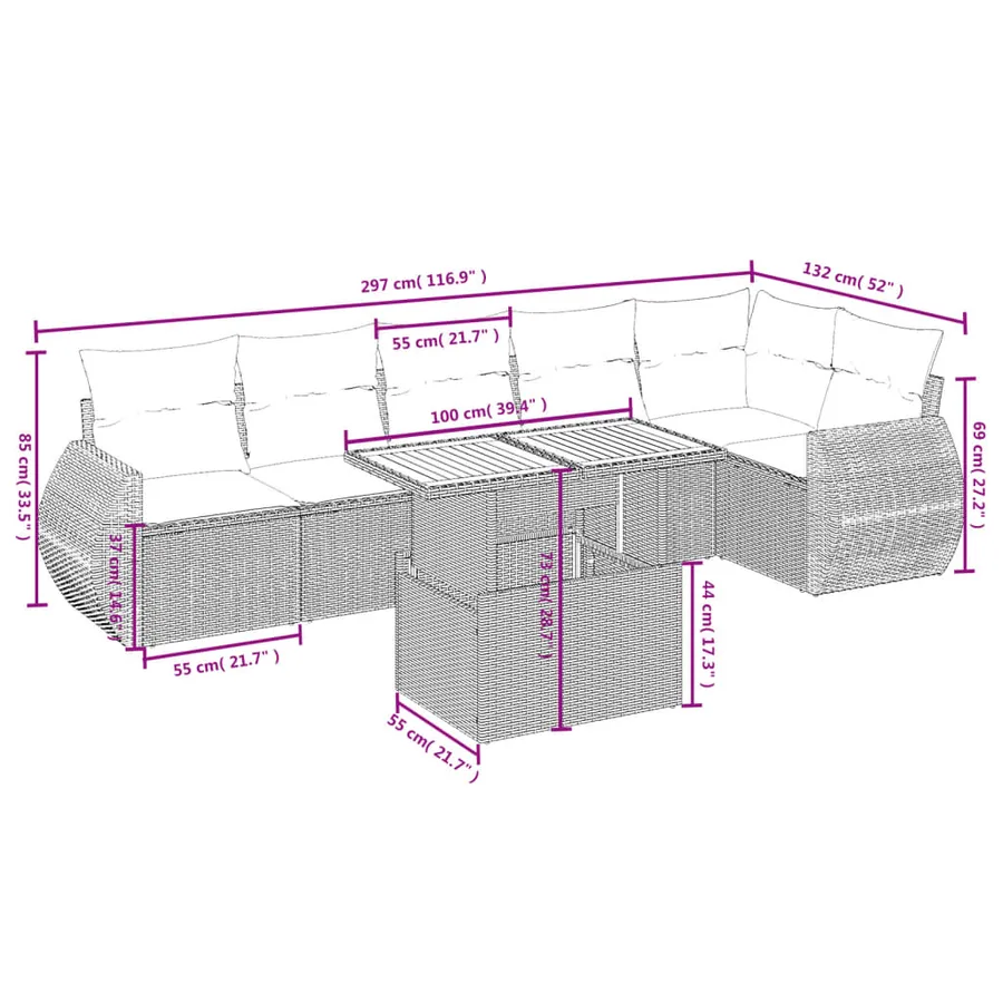 Salon de jardin 7 pcs avec coussins noir résine tressée 62 x 62 x 69 cm - 62,4 kg - 3