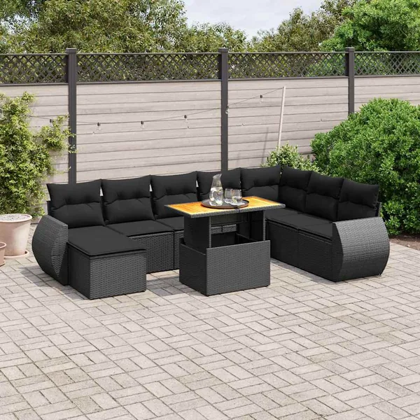Salon de jardin 9 pcs avec coussins noir résine tressée