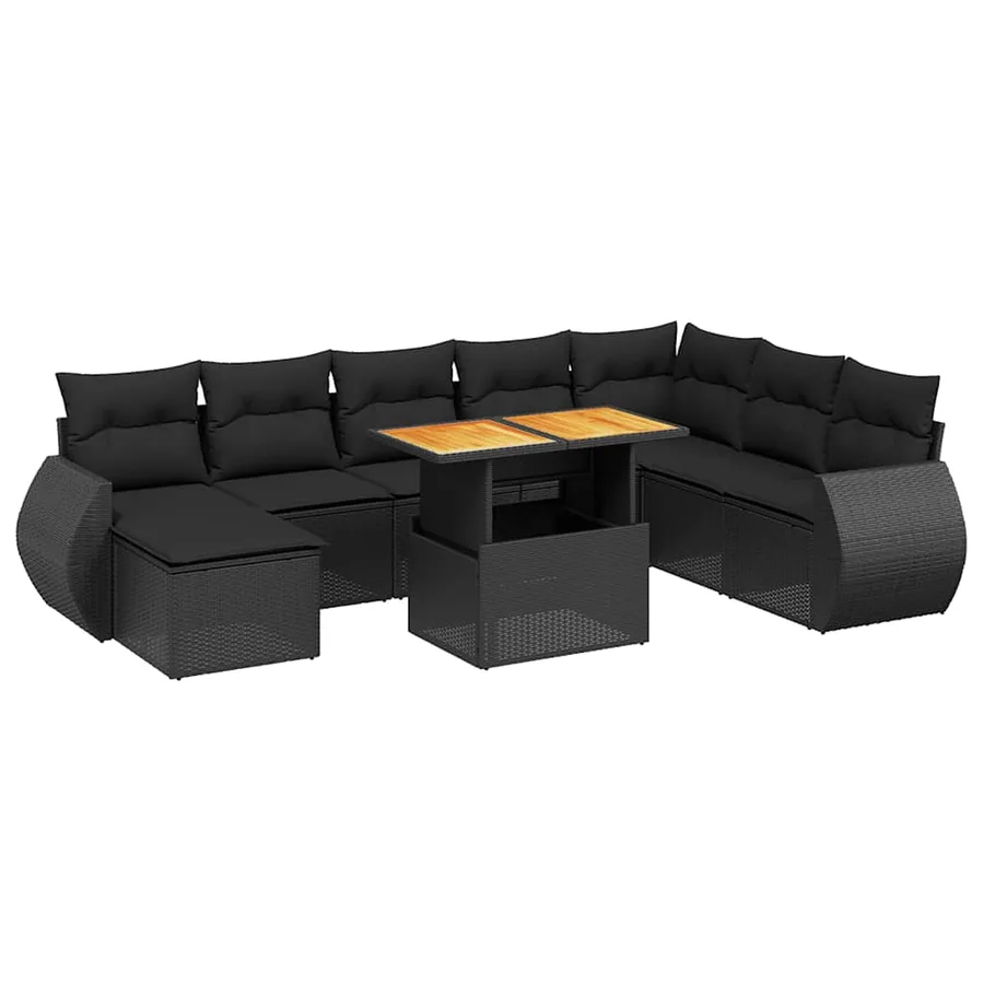 Salon de jardin 9 pcs avec coussins noir résine tressée - 2