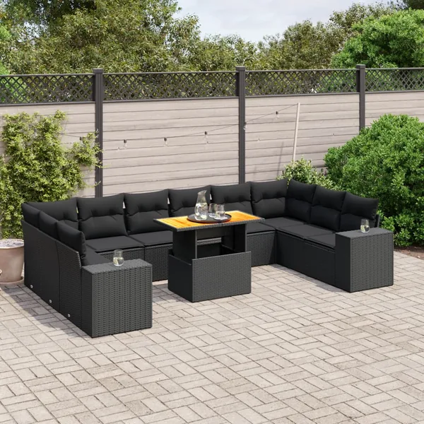 Salon de jardin 11 pcs avec coussins noir résine tressée
