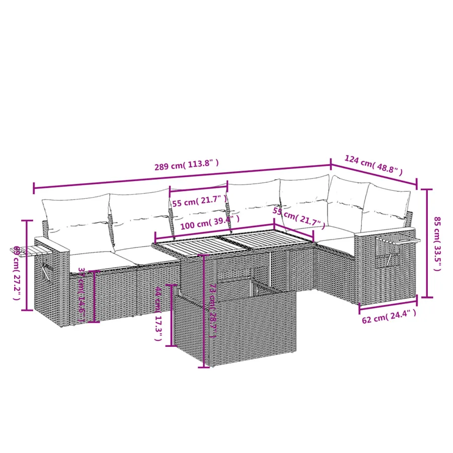 Salon de jardin 7 pcs avec coussins noir résine tressée 55 x 62 x 69 cm - 64,2 kg - 3