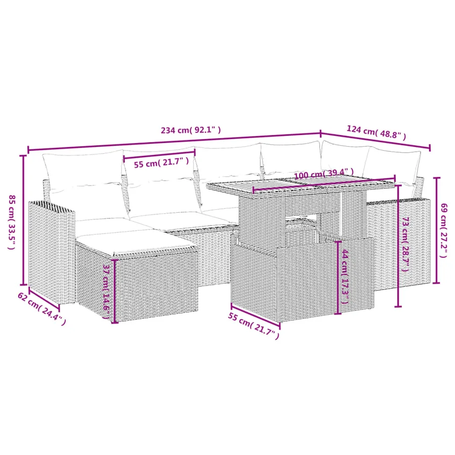 Salon de jardin 7 pcs avec coussins noir résine tressée 55 x 62 x 69 cm - 62,1 kg - 4