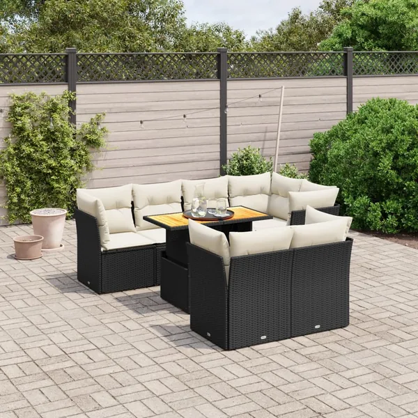 Salon de jardin 8 pcs avec coussins noir résine tressée