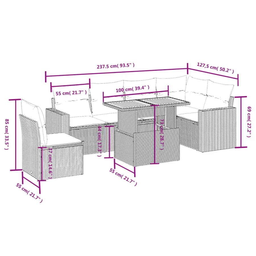 Salon de jardin 7 pcs avec coussins noir résine tressée 62 x 62 x 69 cm - 61,1 kg - 3