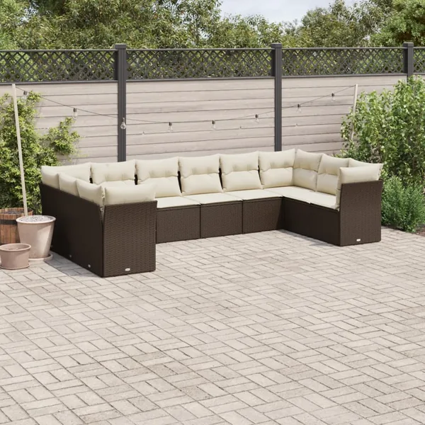 Salon de jardin 10 pcs avec coussins marron résine tressée