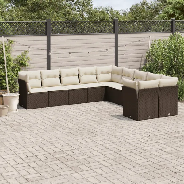 Salon de jardin 10 pcs avec coussins marron résine tressée