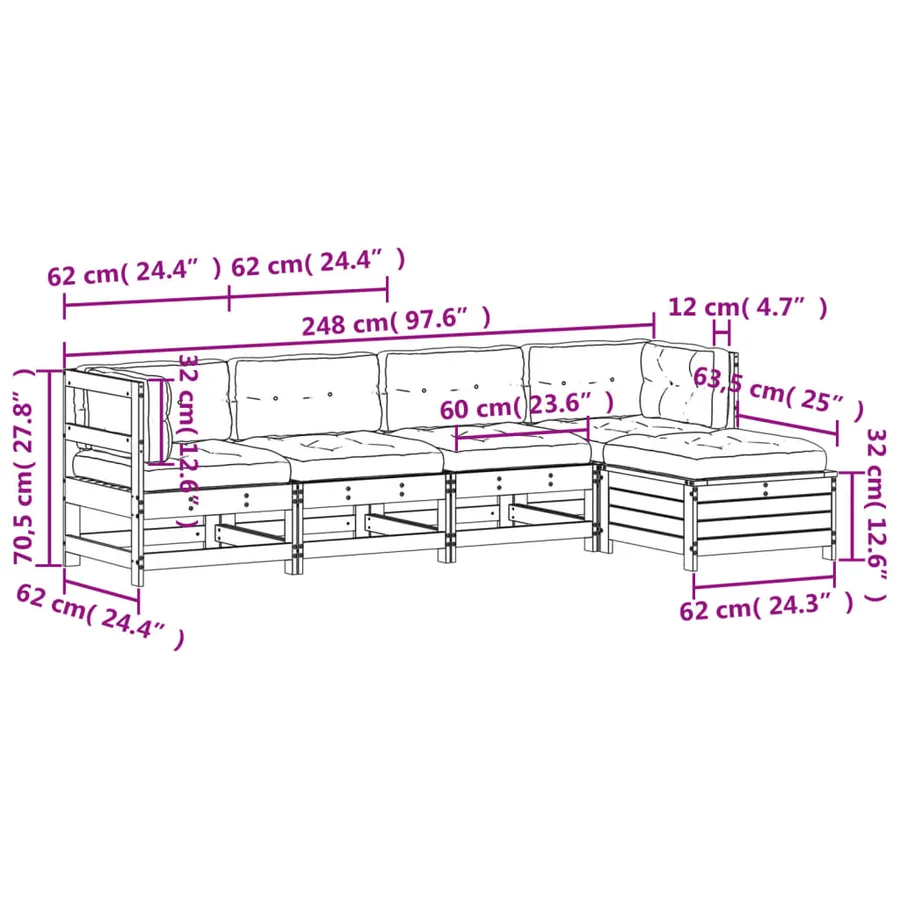 Salon de jardin 5 pcs avec coussins Bois de pin massif - 10