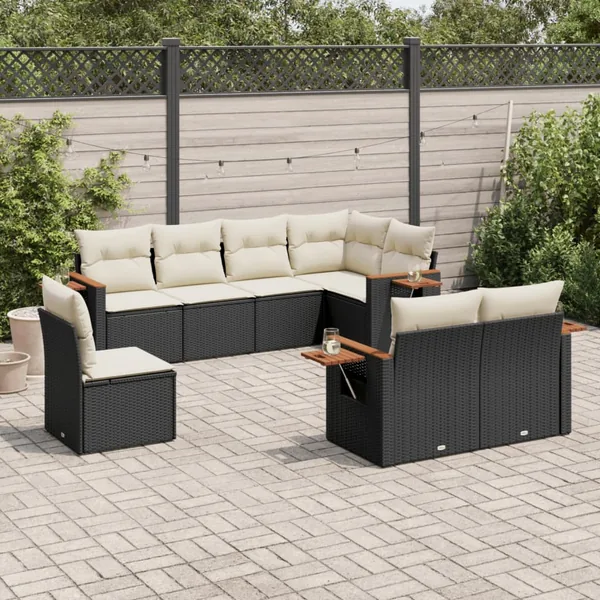 Salon de jardin 8 pcs avec coussins noir résine tressée