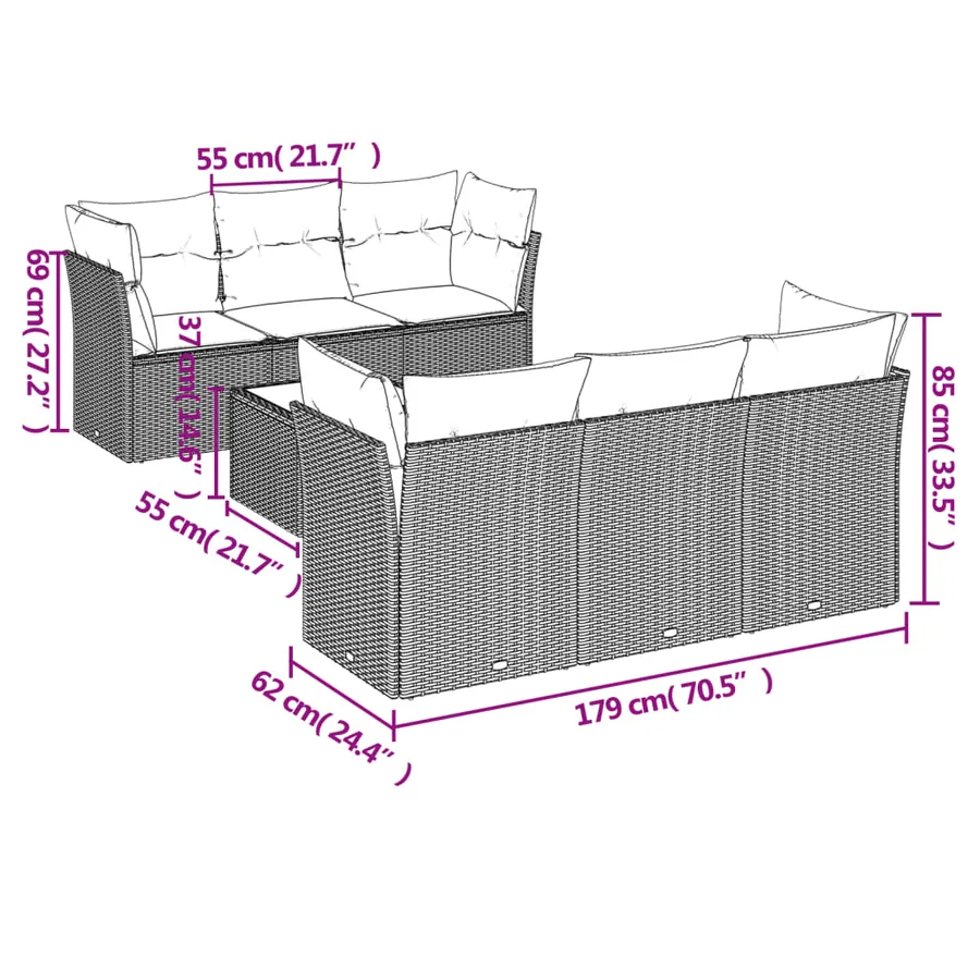 Salon de jardin 7 pcs avec coussins noir résine tressée 62 x 62 x 69 cm - 63,6 kg - 3