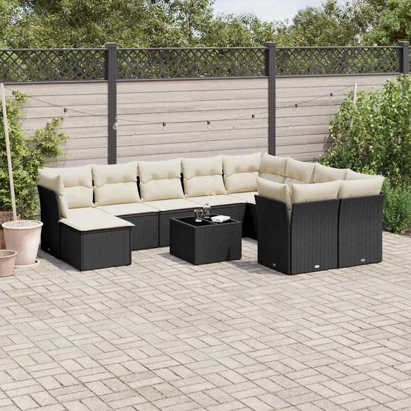 Salon de jardin 11 pcs avec coussins noir résine tressée
