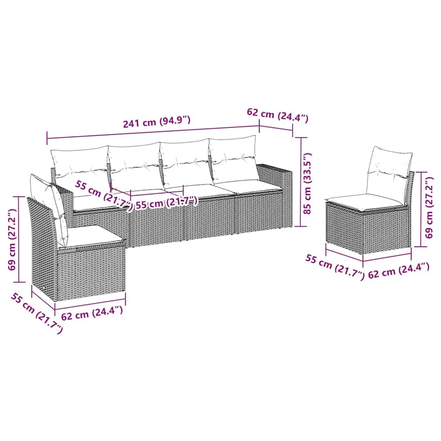Salon de jardin 6 pcs avec coussins noir résine tressée - 3