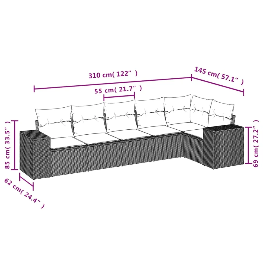 Salon de jardin 6 pcs avec coussins noir résine tressée - 3