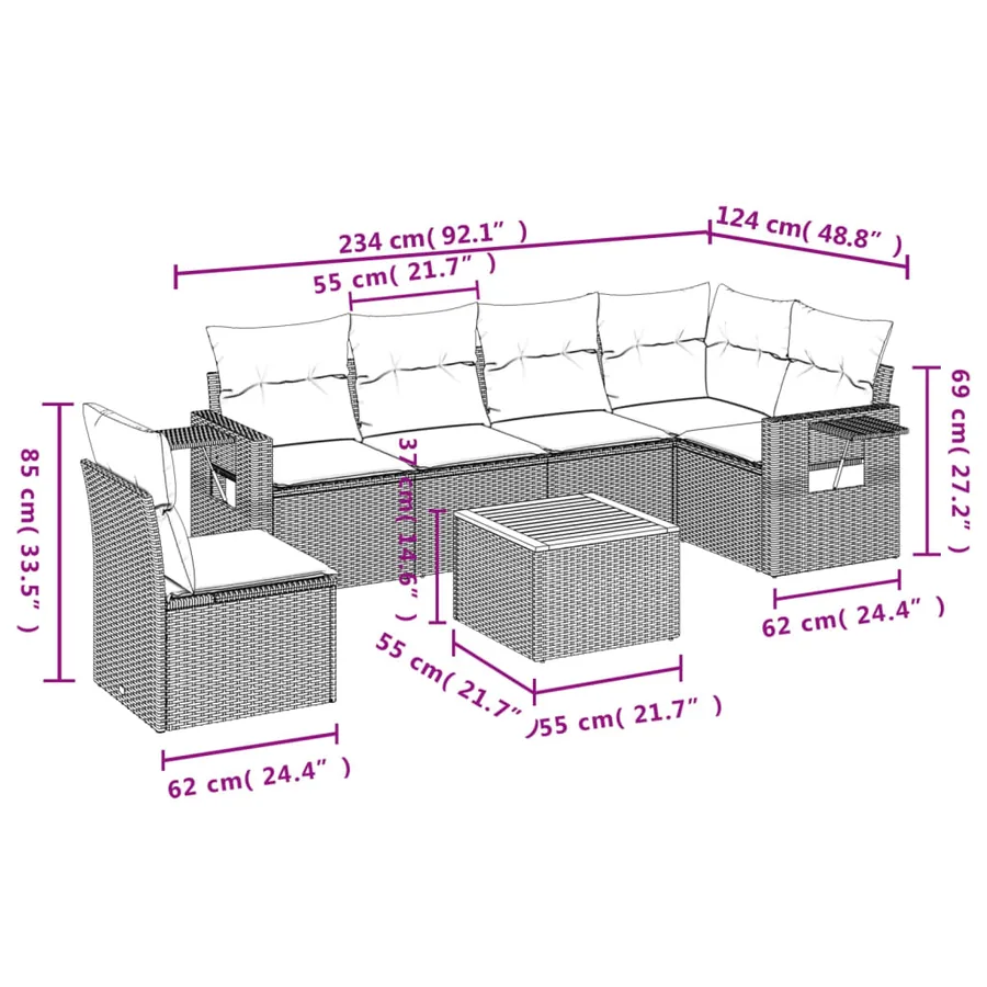 Salon de jardin 7 pcs avec coussins noir résine tressée 62 x 62 x 69 cm - 61,4 kg - 3