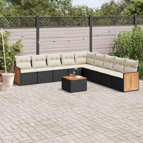 Salon de jardin 10 pcs avec coussins noir résine tressée
