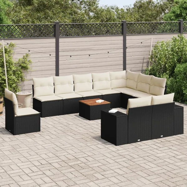 Salon de jardin 11 pcs avec coussins noir résine tressée