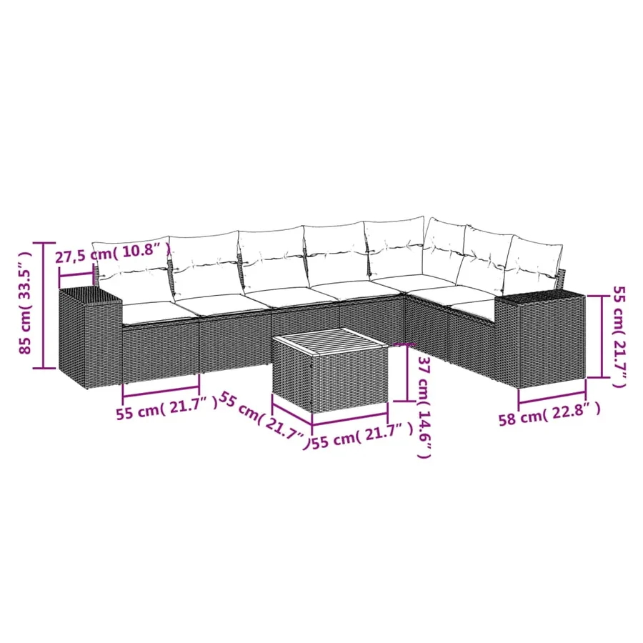 Salon de jardin 8 pcs avec coussins noir résine tressée - 3