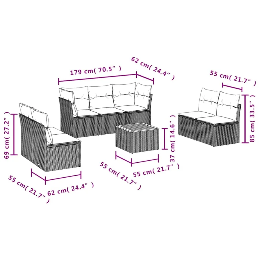 Salon de jardin 8 pcs avec coussins noir résine tressée - 10