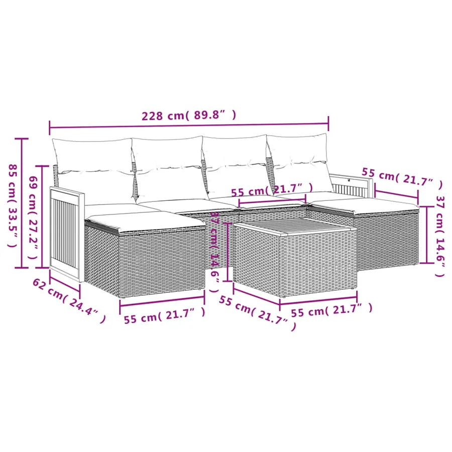 Salon de jardin 7 pcs avec coussins noir résine tressée 55 x 62 x 69 cm - 57,6 kg - 3