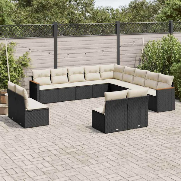 Salon de jardin avec coussins 13 pcs noir résine tressée