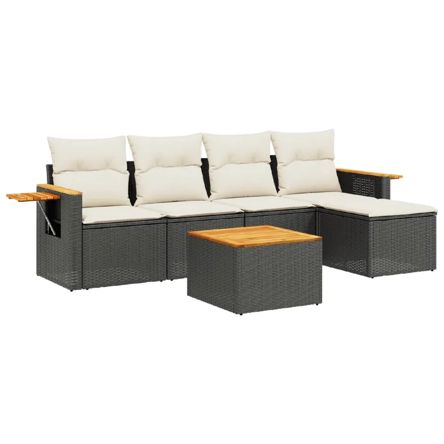 Salon de jardin 6 pcs avec coussins noir résine tressée - 2