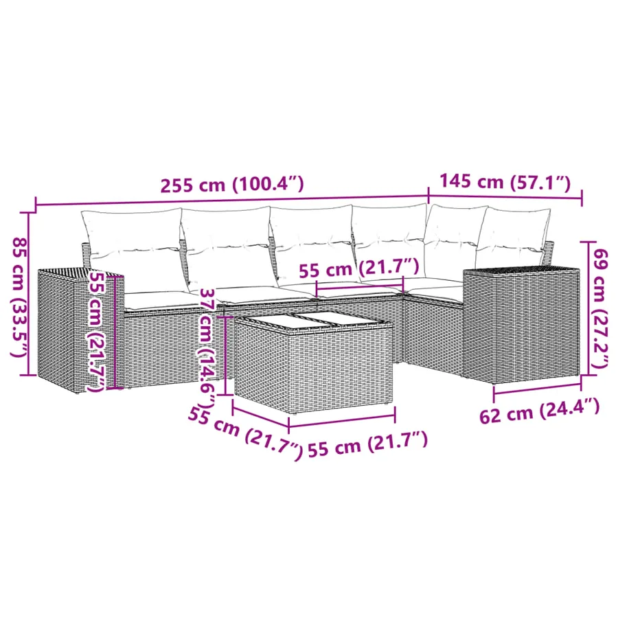 Salon de jardin 6 pcs avec coussins noir résine tressée - 3