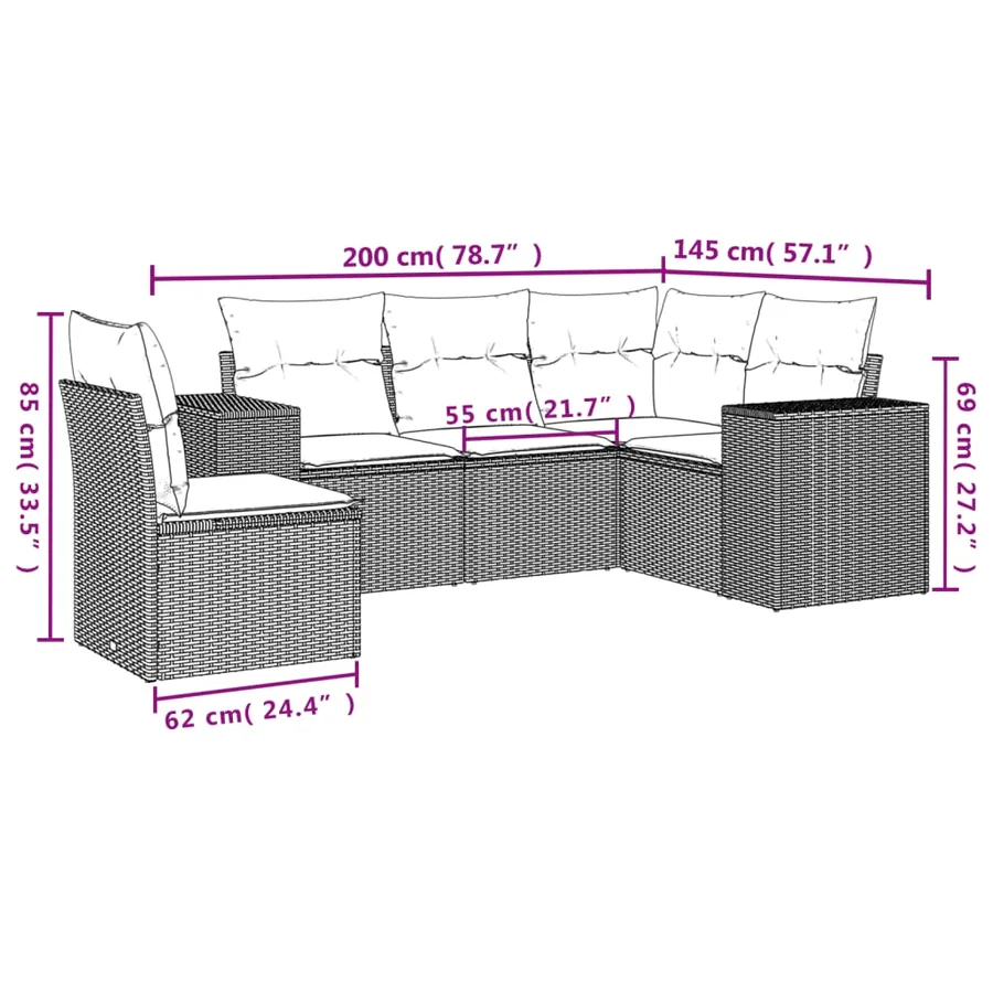 Salon de jardin 5 pcs avec coussins noir résine tressée - 3