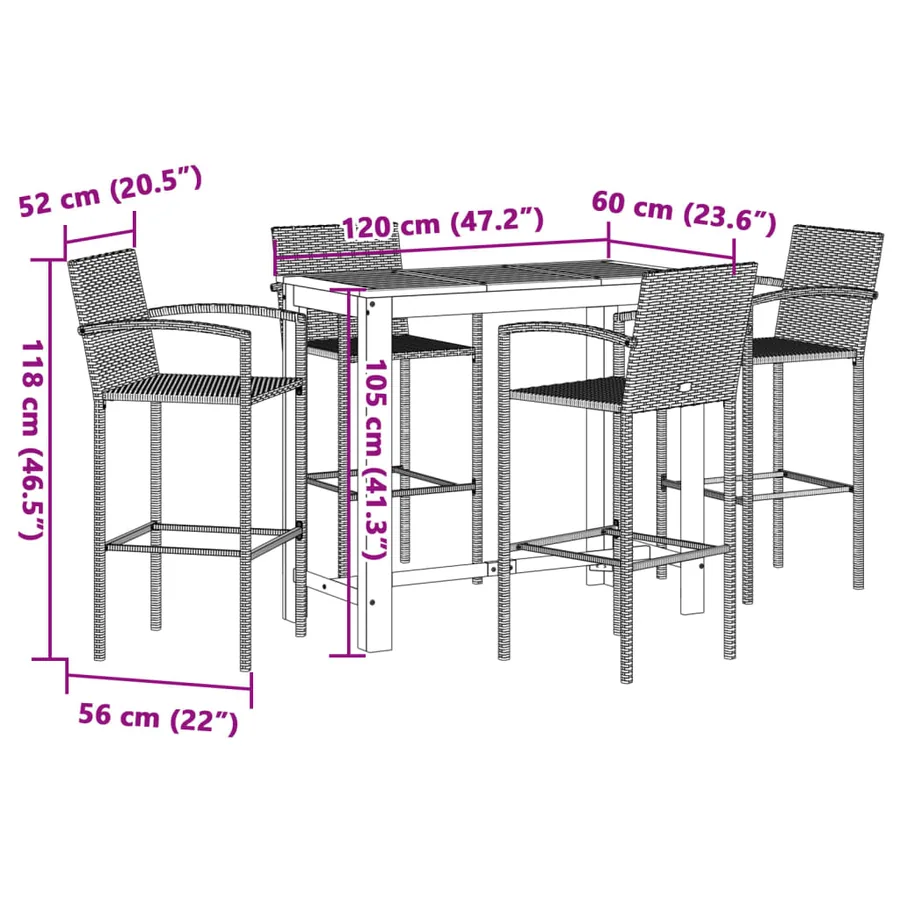 Ensemble de bar de jardin 5 pcs gris bois massif acacia rotin - 11