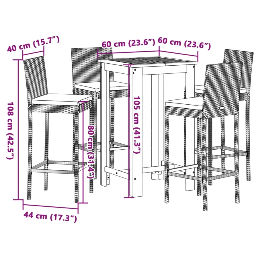 Ensemble de bar de jardin 5 pcs gris bois massif acacia rotin - 11