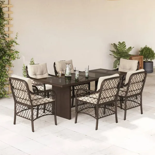 Ensemble à manger de jardin et coussins 7 pcs marron rotin