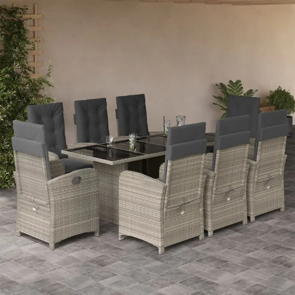 Ensemble à manger de jardin et coussins 9 pcs gris clair rotin
