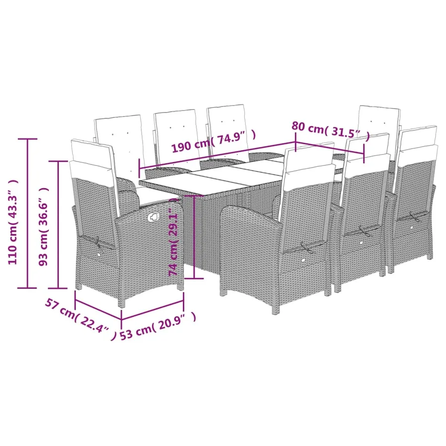 Ensemble à manger de jardin et coussins 9 pcs gris clair rotin - 9