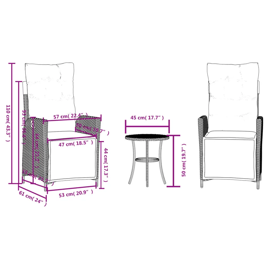 Ensemble de bistro 3 pcs avec coussins beige résine tressée - 15
