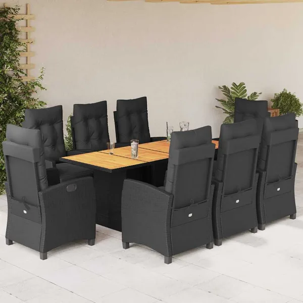 Ensemble à manger de jardin 9pcs coussins noir résine tressée