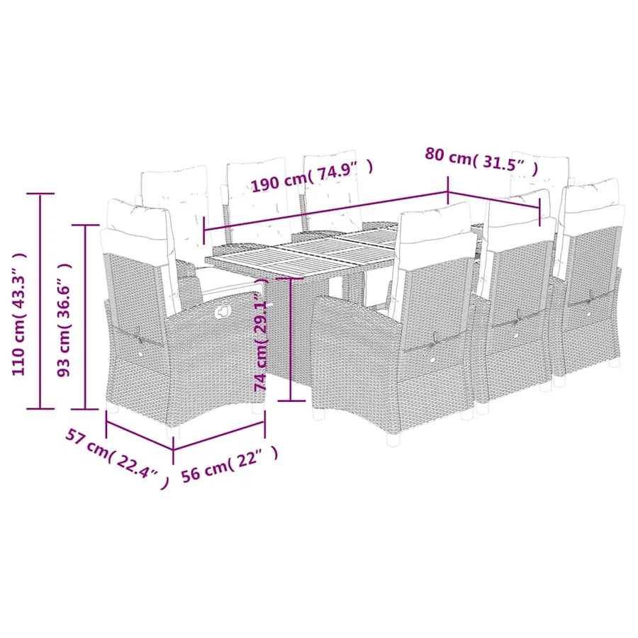 Ensemble à manger de jardin 9pcs coussins noir résine tressée - 9