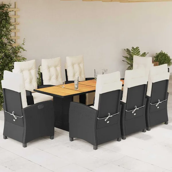 Ensemble à manger de jardin 9pcs coussins noir résine tressée