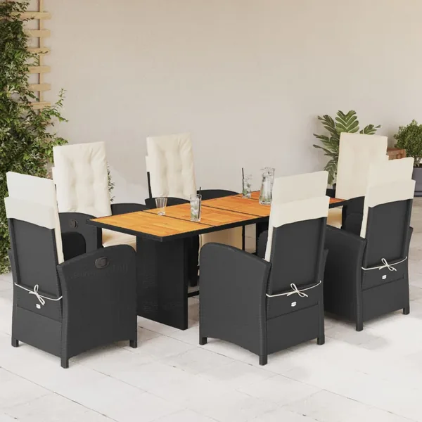 Ensemble à manger de jardin coussins 7pcs Noir Résine tressée
