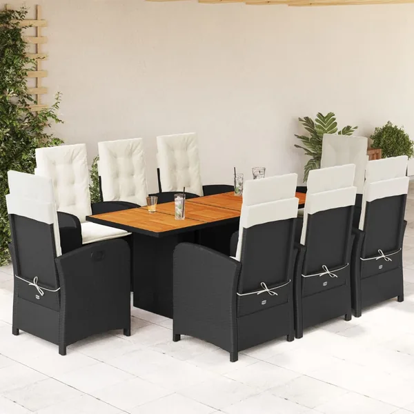 Ensemble à manger de jardin 9pcs coussins noir résine tressée