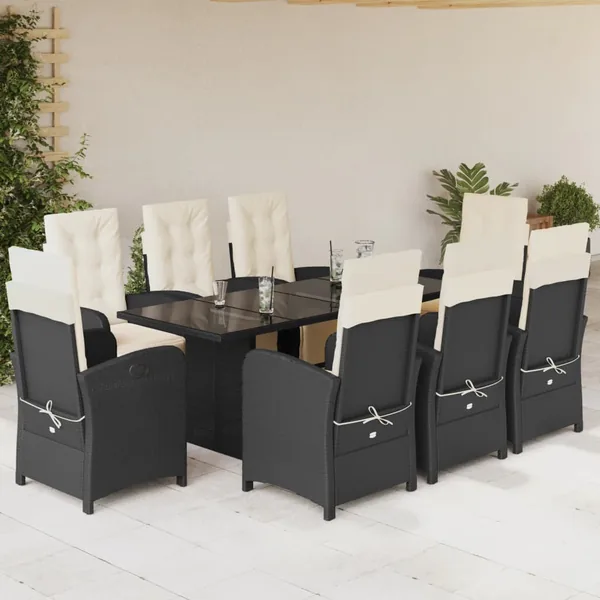 Ensemble à manger de jardin 9pcs coussins noir résine tressée