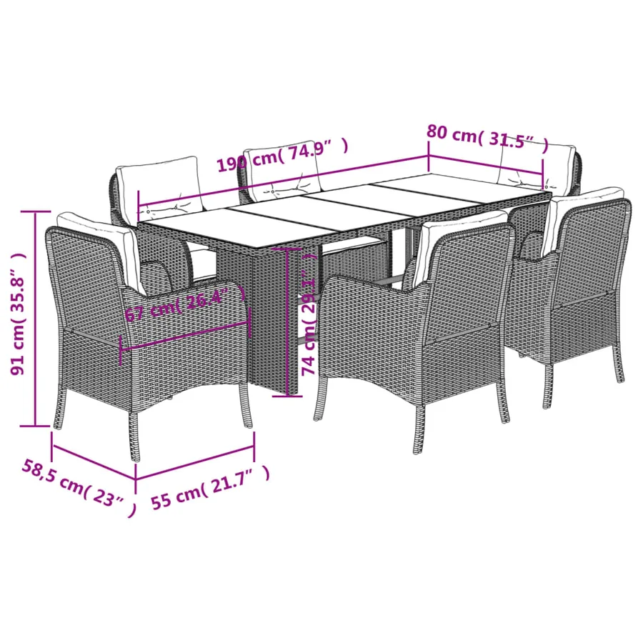 Ensemble à manger de jardin coussins 7pcs Noir Résine tressée - 7